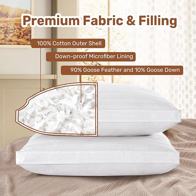 UNIKOME Goose Feathers and Down Pillows with 2 Gusseted Outer Protectors, White Cotton Fabric Bed Pillows for Back Stomach Side Sleepers, King Size, 20 x 36 inches, Pack of 2