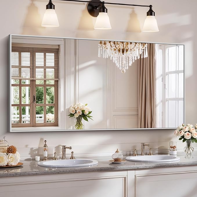 YIROMAN Bathroom Mirror 60"x30", Large Brushed Silver Bathroom Mirror for Over Sink with Aluminum Frame, Rectangular Vanity Mirror with Right Angle, Wall Mirror Hangs Horizontal or Vertical