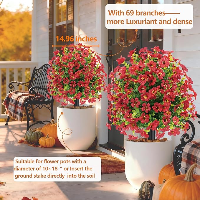 22.8" Set of 2 Fall artificial Boxwood topiary Ball tree for outdoors with Spike,UV Resistant Faux Shrubs Outdoor with morning glory flowers,Faux Plants Bushes for Garden Porch Yard Patio Decor(Red)