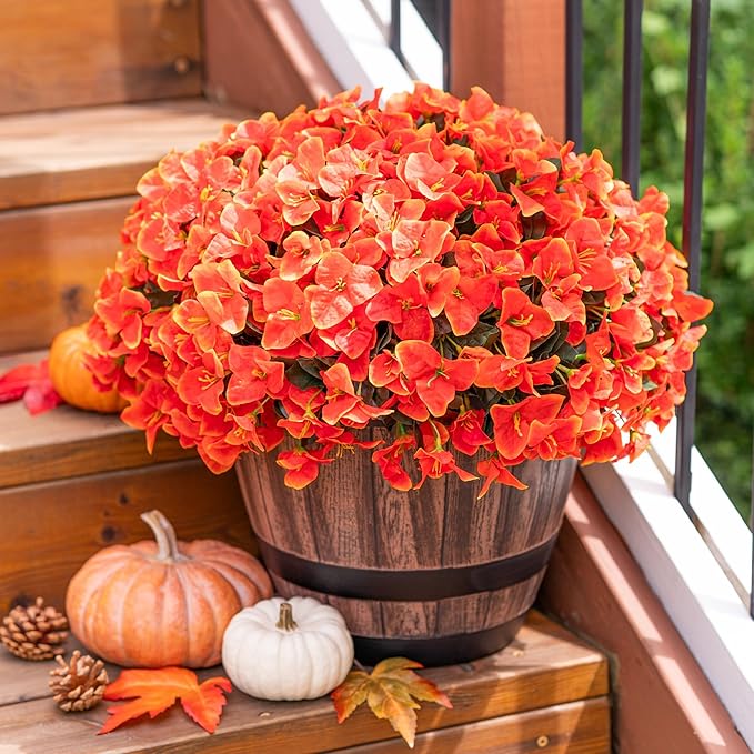 Ivydale Artificial Fall Flowers for Outdoors, 4 Bundles Fake Bougainvillea Flower Realistic Silk Flowers for Outside, Faux Fall Flowers for Outdoor Planters Patio Porch Home Decorations, Orange