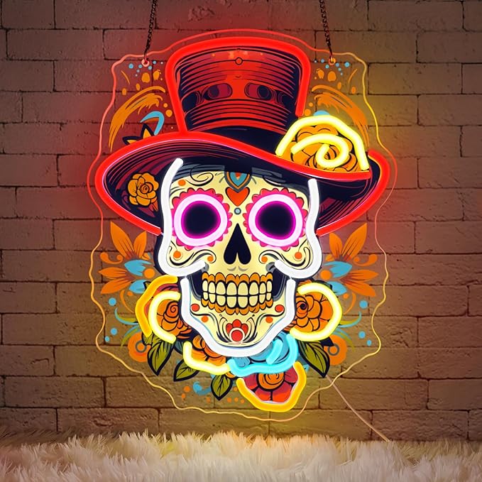 Day of the Dead Neon Sign - Mexican Sugar Skull LED Neon Light for Home & Bar Decor,UV Printed Art with Flexible LED Strip,Halloween & Día de Muertos Party Decoration (Red）