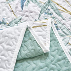 Botanical Quilt Set 3 Pieces King Size, Green Leaves Printed on White Reversible Bedspread Coverlet Set, Soft Microfiber Lightweight Bed Cover for All Season (102" x 90", 1 Quilt+ 2 Pillow Shams)