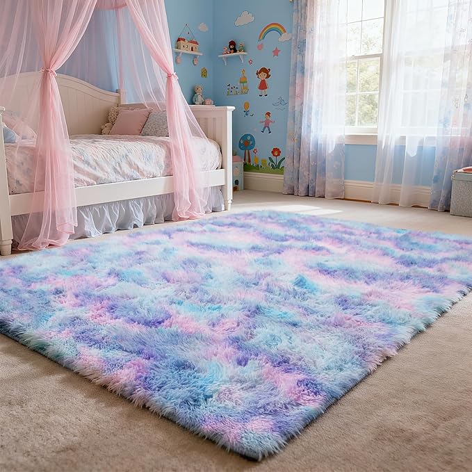 8x10 Fluffy Area Rugs for Living Room,Shag Area Rug for Bedroom,Soft Fuzzy Rug Non-Shedding Indoor Plush Carpet for Kids Bedroom Nursery Home Decor,Rainbow Purple