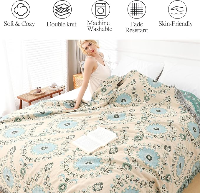 Snycler Boho Throw Blanket for Bed - 100% Cotton Ultra Soft Rustic Quilt - Blue Boho Floral Printed Farmhouse Decor Bed Blankets, 60"×80" All Season Rustic Throw for Sofa Couch Chair
