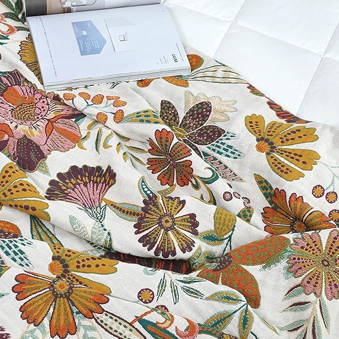 Boho Throw Blanket for Couch Sofa Bed, 100% Cotton Woven Quilt with Tassel 80”x90”, Super Soft Muslin Blanket with Floral Printed, Decorative Reversible Bed Blanket/Cover for All Seasons