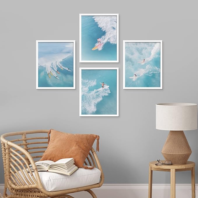 SIGNWIN Framed Ocean Nautical Landscape Wall Art, Set of 4 Surfing Surfboard Aerial View Wall Decor Prints, Nature Wilderness Wall Décor for Living Room, Bedroom - 8"x10"x 4 White