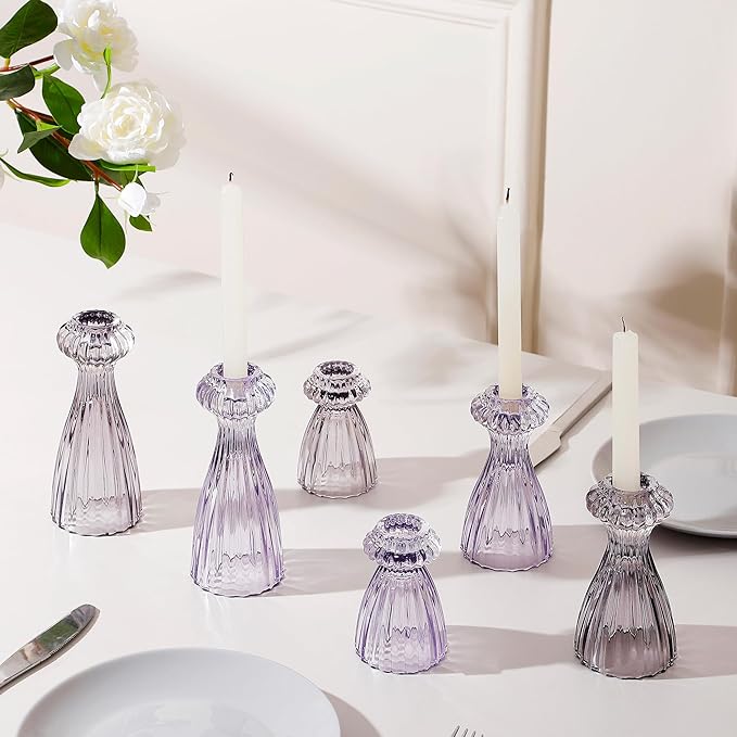 Lysenn Glass Candle Stick Holder Set of 6 – Premium Taper Candle Holders for Romantic Ambiance - Candle Sticks Holder Decor for Special Occasions - Purple