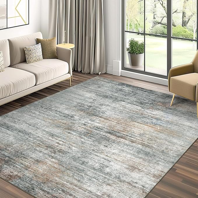 Area Rugs 9x12 for Living Room Bedroom, Modern Abstract Machine Washable Rug, Large Soft Low Pile Floor Cover with Non Slip Backing for Dining Room, Ash Gray Brown