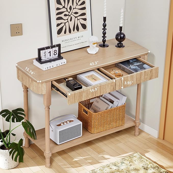 43.3”Console Table with 2 Drawers, Modern Retro Entryway Table with Fluted Panel & Storage Shelf, Narrow Wood Behind Couch Sofa Table for Living Room, Foyer, Hallway(Natural)