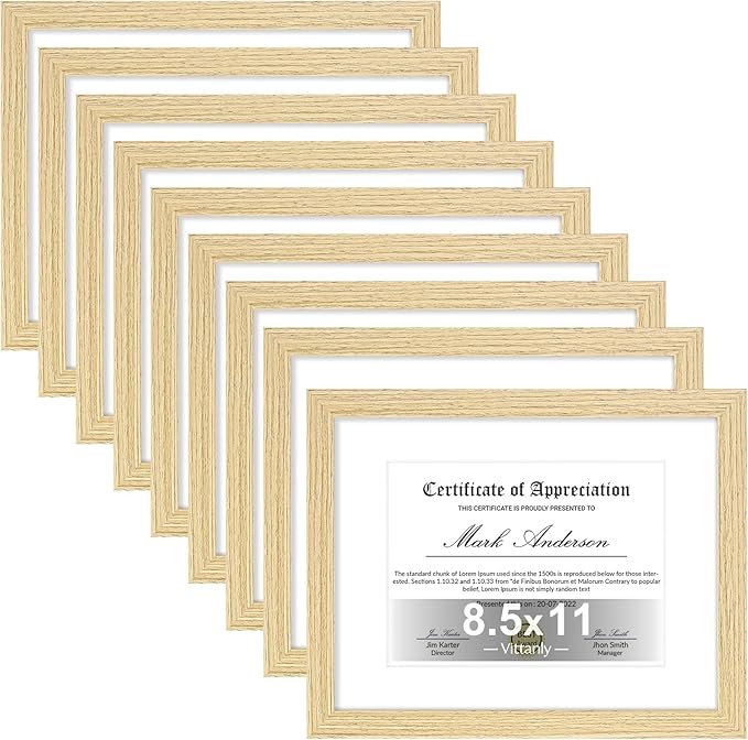 Vittanly 8.5x11 Picture Frames Set of 9, Shatter Resistant Plexiglass, Display 6x8 Pictures with Mat or 8.5x11 without Mat, Photo Frames for Wall or Tabletop, Engineered Wood, OAK