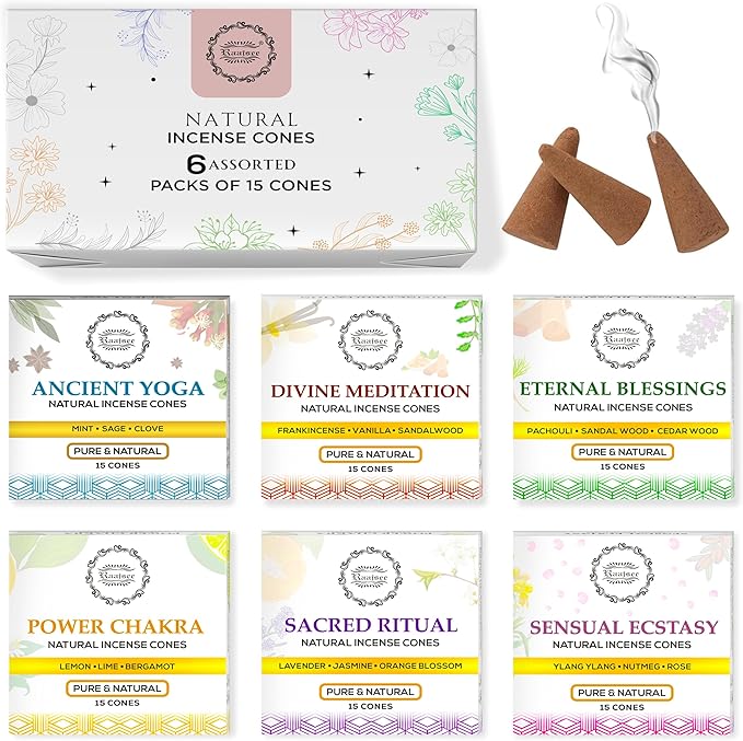 Raajsee Natural Incense Cones,6 Pack Mixed Scents Gift Pack 15 pc Each (90 Total), Insense Cones Variety Pack, 100% Organic Non Toxic Natural - Hand Rolled Free from Chemicals (Pack 3)