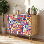 SIGNWIN Sideboard Buffet Cabinet, Kitchen Storage Cabinet with 2 Doors, Vibrant Polygon Collage Patterns, Cupboard Console Table for Dining Room - 35" L x 18" W x 29" H