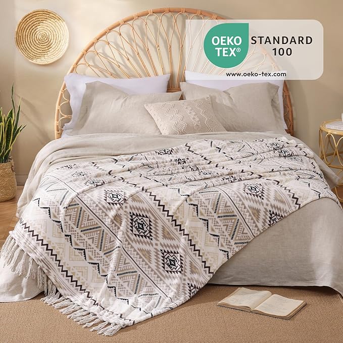 CASAAGUSTO Boho Throw Blanket - Beige and Gray Decorative Blankets with Tassel, Printed Flannel Bohemian Blanket for Chair, Bed, Sofa, Couch(50 * 60, Beige and Gray)
