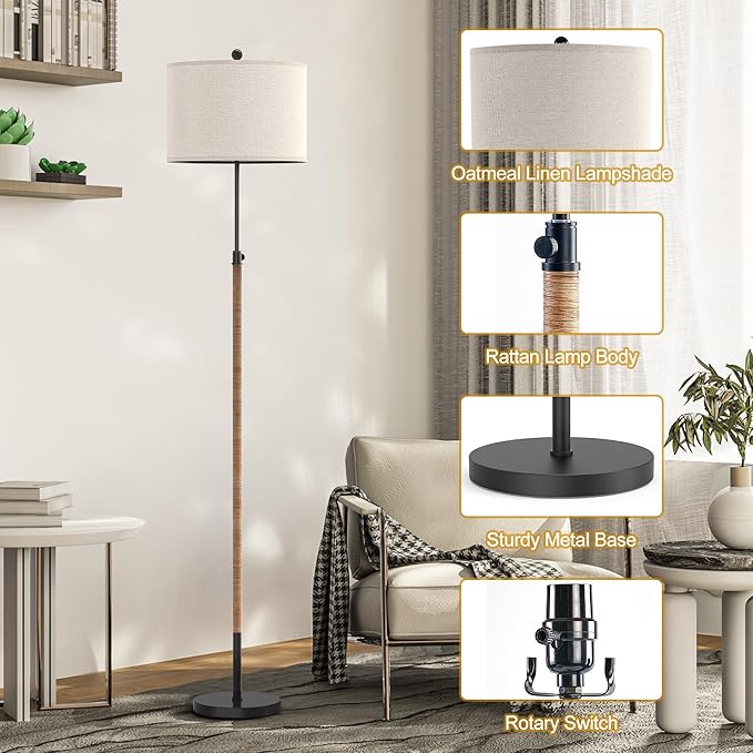 Farmhouse Rattan Floor Lamp for Living Room, Adjustable Height:65"-70" Black Standing Lamp, Boho Tall Skinny Pole Light with Oatmeal Shade for Bedroom Office