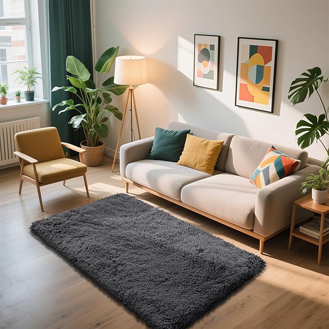 Shag Area Rug for Bedroom 3x5,Deep Grey Fluffy Area Rugs for Living Room,Soft Fuzzy Rug Non-Shedding Indoor Plush Carpet for Kids Bedroom Nursery Dorm Home Decor