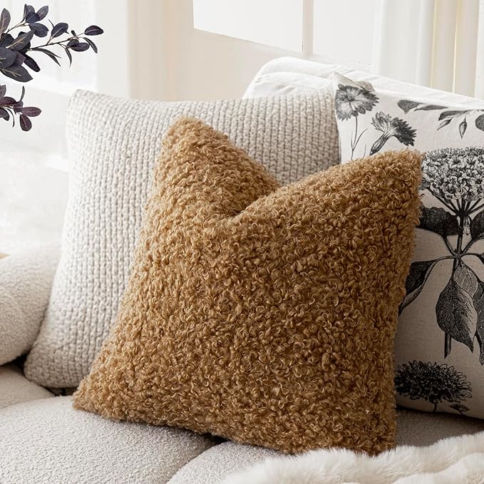 Foindtower 2 Pieces 26x26 Inch Bronze, Faux Fur Throw Pillow Cover Accent Sherpa Pillow Fuzzy Soft Pillowcases Sheepskin Decorative Fleece Cushion Case for Bed Couch Living Room