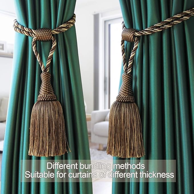 Fenghuangwu Curtain Tiebacks Handmade Elegant Curtain Tie Backs Holdbacks with Tassel for Home Office Decor 2 Pack - Dark Coffee