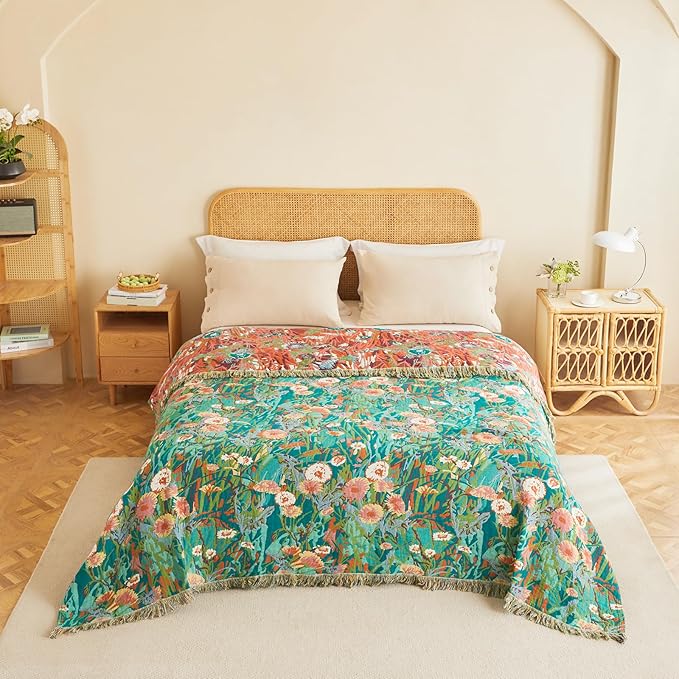 MSGKV Boho Throw Blanket for Bed Twin Size Cotton Muslin Breathable Floral Blanket 60"x80" Sofa Couch Blankets for All Seasons Lightweight Farmhouse Blankets Boho Home Decor