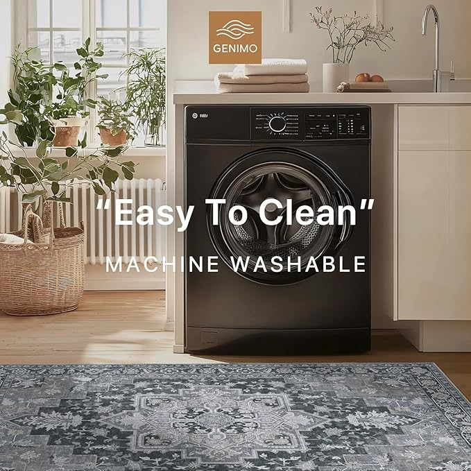 GENIMO 2x6 Runner Rugs for Hallway, Machine Washable Non Slip Vintage Rugs, Low Pile Lightweight Soft Print Rug for enrtyway, Corridor, Home Office, Kitchen,Dark Gray