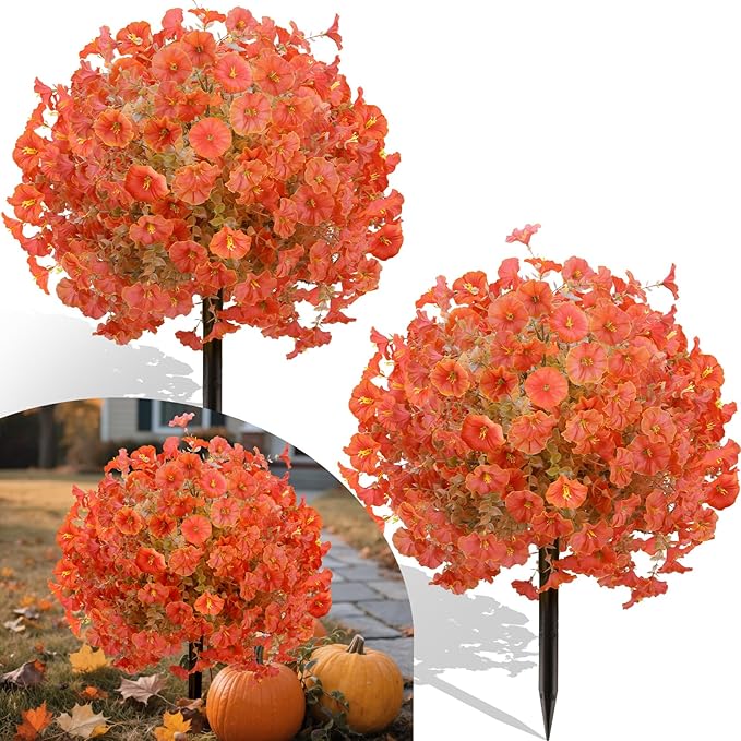 2 Bundles Artificial Eucalyptus Morning Glories with Ground Spikes,21.65 Inch Artificial Fall Flowers Faux Mums, UV Resistant Faux Shrubs Fake Mums for Outdoor Garden Fall Decor(Orange)