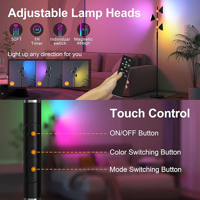 PARTPHONER RGB Tree Floor Lamp for Living Room, Stepless Dimmable Tall Standing Lamp with Remote, Touch Control and 3 Rotatable Light, Bright LED Lights for Bedroom with 4 Color-Changing, Black