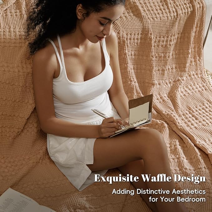 PHF 100% Cotton Waffle Weave Blanket Twin Size, Soft Lightweight Breathable Cozy Summer Blankets for Bed, Luxury Aesthetic Woven Bedding for Home Decor, 66"x90", Camel