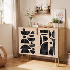 SIGNWIN Sideboard Buffet Cabinet, Kitchen Storage Cabinet with 2 Doors, Brown & Black Pastel Polygon, Cupboard Console Table for Dining Room - 35" L x 18" W x 29" H