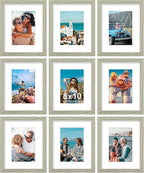 Vittanly 8x10 Picture Frames Set of 9, Shatter Resistant Plexiglass, Display 5x7 Pictures with Mat or 8x10 without Mat, Photo Frames for Wall or Tabletop, Engineered Wood, Driftwood