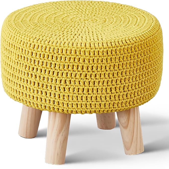 Wimarsbon Small Ottomans, 100% Hand Knitted Pouf, Round Footrest with 4 Non-Skid Wood Legs, Boho Décor Cotton Rope Pouffe Beside Sofa, Leisure Floor Step Chair for Living Room (Yellow)