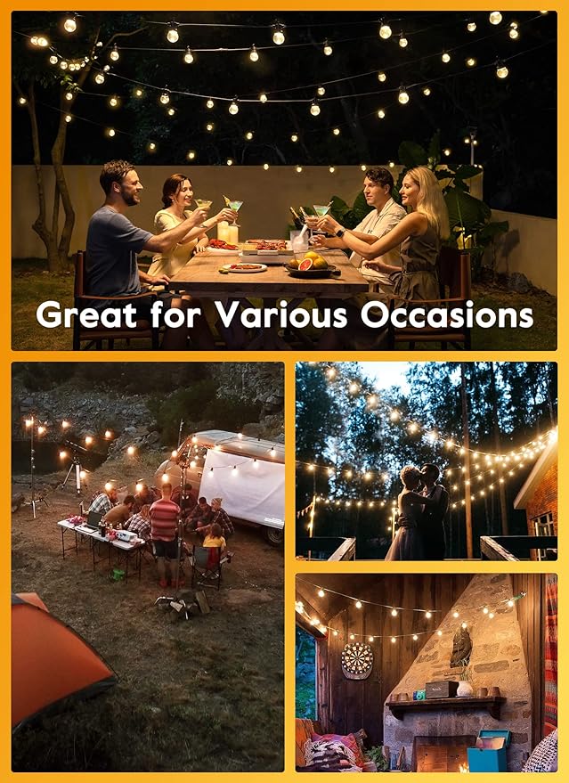 LED G40 Outdoor String Lights Patio Lights 100FT with 104 LED Shatterproof Bulbs, Weatherproof Commercial Hanging Lights for Backyard Bistro Pergola Party Decor, E12 Socket Base, 2200K, Black