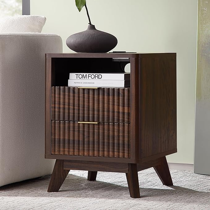 T4TREAM Fluted Nightstand with Charging Station, 18" Modern Side Table, 2 Drawers End Table with Storage, Bedside Table for Bedroom, Living Room, Curved Profile Design, Dark Walnut