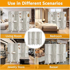 6 Panel Pegboard Display with 24 Hooks, Wooden Pegboard Room Divider Wall with Shelf, Rustic Room Dividers and Folding Privacy Screens, Bedroom, Jewelry Store, White