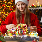 Christmas Village House Musical Christmas Collectible Buildings Rotation Train Carousel Tree in Park with LED Lights Vacation Village with USB Indoor Figurines Indoor Tabletop Decoration