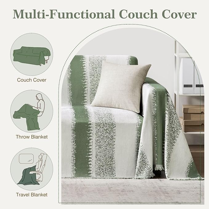 Couch Cover Boho for Dogs Washable Green Couch Covers for 2 Cushion Couch, Chenille Sectional Couch Covers L Shape Sofa Cover, Furniture Protector for Kids, Pets, Green 71" X134"