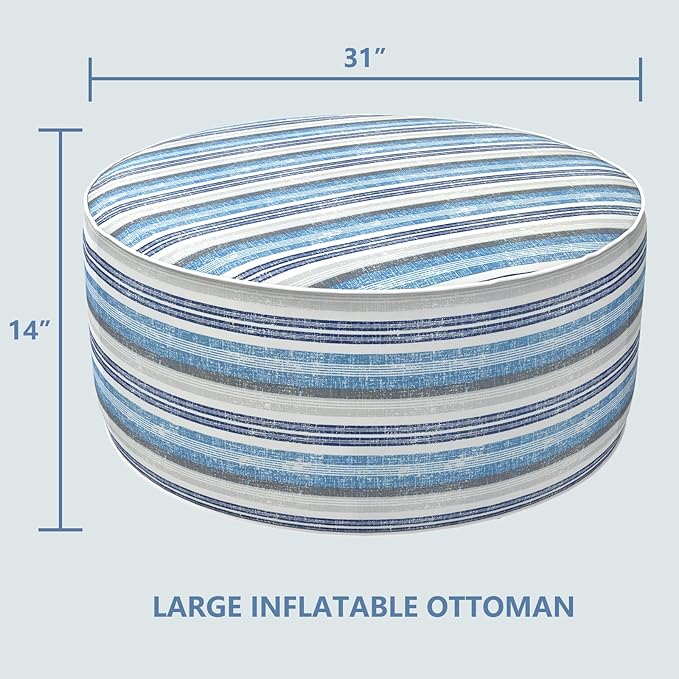 LVTXIII Outdoor Inflatable Ottoman, Fade-Resistant Round Footrest Stool D31”x H14”, Portable Patio Pouf for Garden Camping or Home Use, Stripe Layered Blue