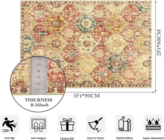 Lahome Moroccan Trellis Washable Rug, 2x3 Bathroom Rugs for Kitchen Entryway, Non-Slip Indoor Door Mat Ultra-Thin, Small Oriental Throw Carpet for Bedroom Entry, Red/Orange