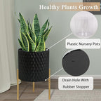 ARNIS Plants Pots with Stand, Set of 2 Planters, Unique Mid Century Decorative Metal Flower Pots with Drainage, 8.25 & 10.5 Inch, Black