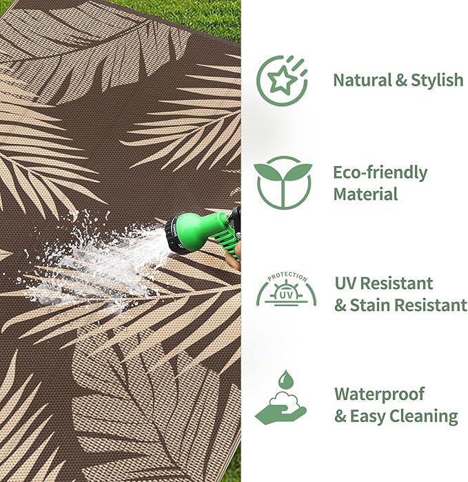 GENIMO Outdoor Rug 4' x 6' Waterproof for Patios Clearance, Reversible Outdoor Plastic Straw Camping Rug Carpet, Large Area Rugs Mats for RV, Camper, Deck, Balcony, Porch, Beach, Coffee&Beige