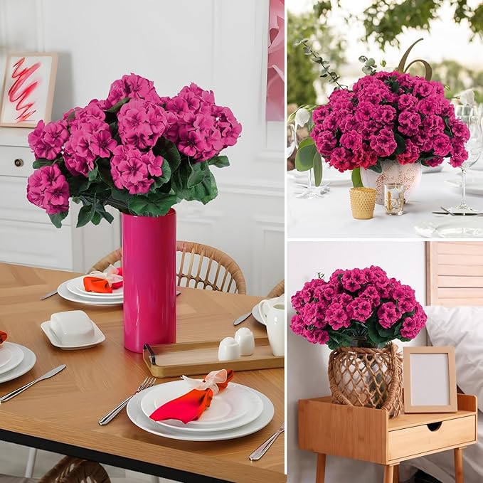 Hananona Artificial Geranium Flowers for Outdoors Geranium Silk Flowers Outdoor UV Resistant Garden Plants Faux Flowers for Home Kitchen Table Centerpieces Decor (12, Rose Red)