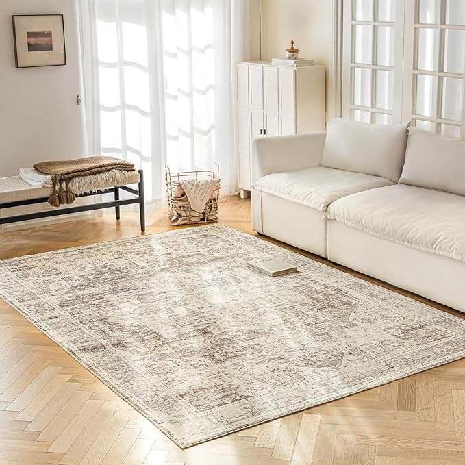 6'x9' Area Rug - Vintage Persian Medallion Design Low-Pile Faux Wool Rug, Non-Slip Backing, Machine Washable, for Living Room, Dining Room, Bedroom (Cream/Taupe)