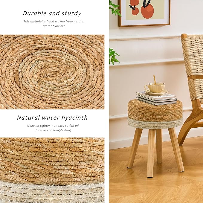 Handwoven Outdoor Ottoman, Water Hyacinth Pouf Round Patio Footstool with Wood Legs, 17-Inch Multipurpose Vanity Stool, Dining Chair, Patio Footrest for Balcony and Garden, White