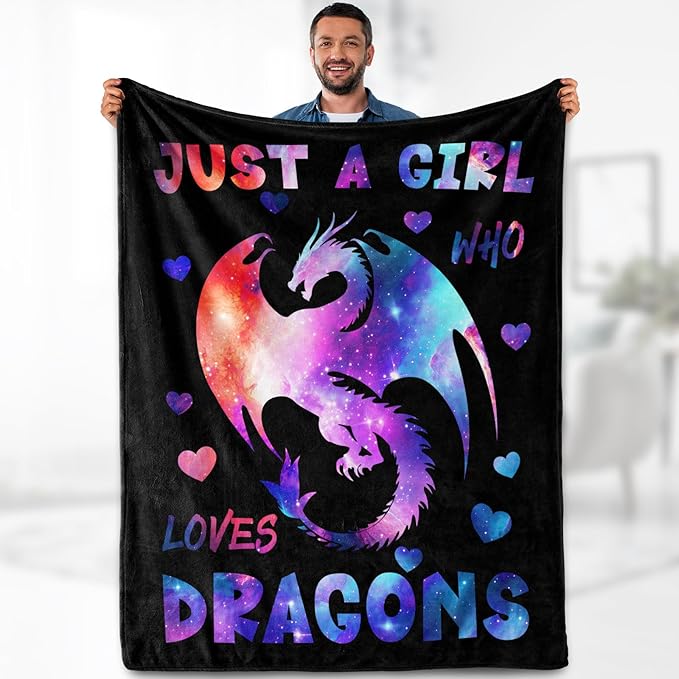 Dragon Blanket Gifts for Girl Woman - Just A Girl Who Loves Dragons Cute Animal Lovers Throw for Teen Kids Adults Soft Fleece Cozy Bed Couch Decor Birthday Christmas Lightweight Blanket 50"x60"