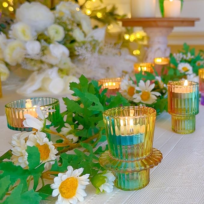 Double Sided Vintage Ribbed Taper Glass Candle Holders,Tea Candle Holder for Table Centerpieces, Wedding Decorations and Dinner Parties (Rainbow, 3 PCS)