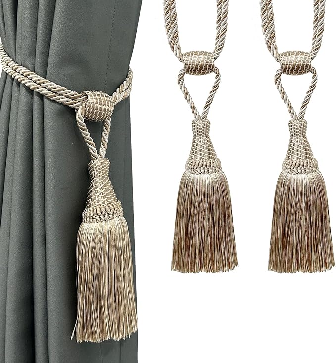 Fenghuangwu Curtain Tiebacks Handmade Elegant Curtain Tie Backs Holdbacks with Tassel for Home Office Decor 2 Pack - Beige