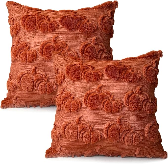 Booque Valley Fall Decorative Pillow Covers Set of 2 18"x18" Soft Plush Faux Fur Wool 3D Rust Pumpkin Throw Pillowcases for Autumn Thanksgiving Harvest Decor, Terracotta