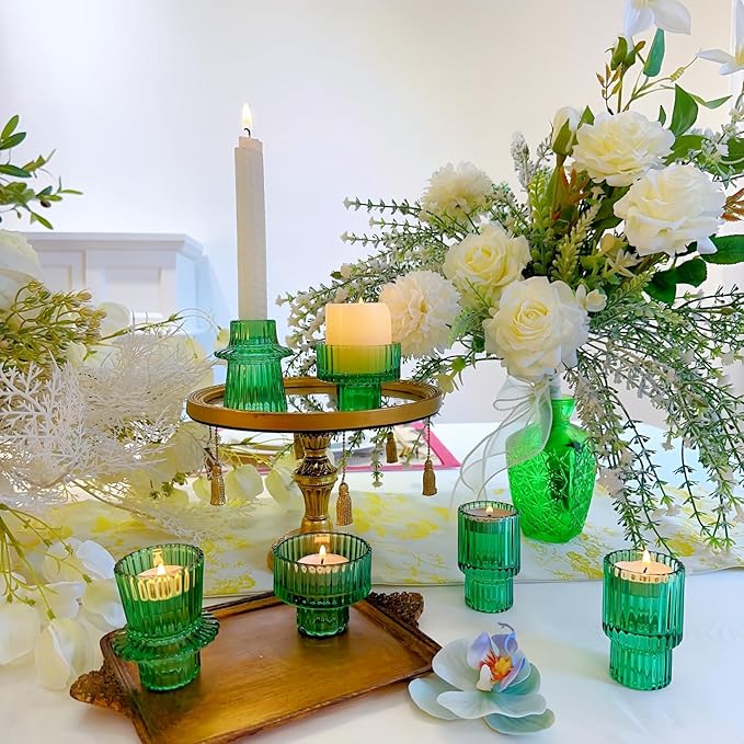 Double Sided Vintage Ribbed Taper Glass Candle Holders,Tea Candle Holder for Table Centerpieces, Wedding Decorations and Dinner Parties (Green, 6 PCS)