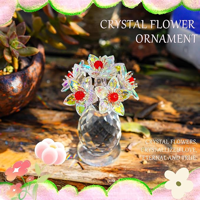 Iridescent Crystal Flower Figurine Collectibles for Women AB Color Glass Flowers Ornament Collection Crystal Christmas Decoration for Home Office