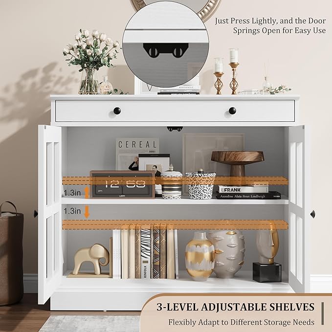 GarveeHome 35.4 in Sideboard Buffet Cabinets with Glass Door, Buffet Cabinet with Storage, White Sideboard Cabinet with Drawer, Modern Buffets & Sideboards for Dining Room, Kitchen