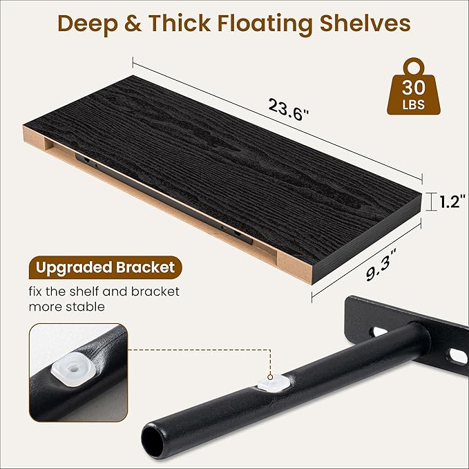 Fun Memories Floating Shelves for Wall, 24 Inch Rustic Wood Wall Mounted Shelves for Bathroom, Bedroom, Living Room, Deep Floating Shelves for Storage & Home Decor (Black, Set of 2)