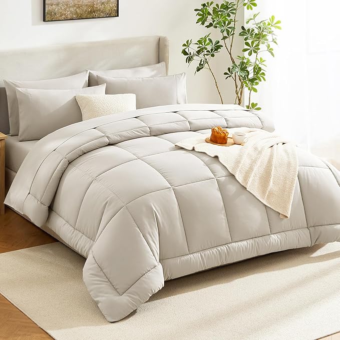 CozyLux King Size Comforter Set Beige, 7 Pieces Bed in a Bag, Beige Comforter King Size, All Season Bedding Sets with Stitch Quilted Comforter, Flat Sheet, Fitted Sheet, Pillowcases